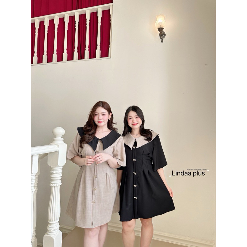 ชุดเดรสคอปก แต่งกระดุมโบว์สุดน่ารัก ผ้รสโนเนื้อนิ่มใส่สบาย