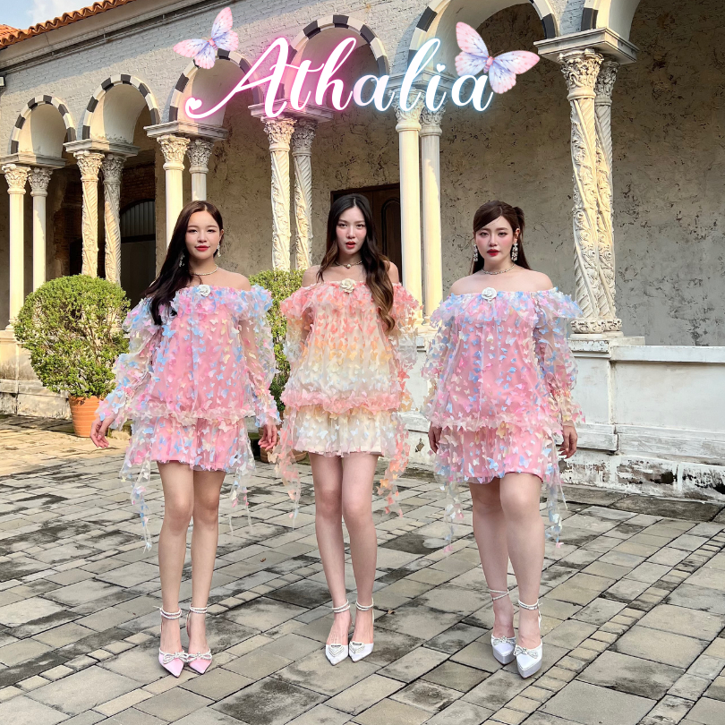 SEOULMATE ATHALIA#SM8614 เดรสสั้นปาดไหล่ ติดผีเสื้อสีพาสเทลยางยืดช่วงสะโพกไหล่ +เข็มขัดดอกไม้