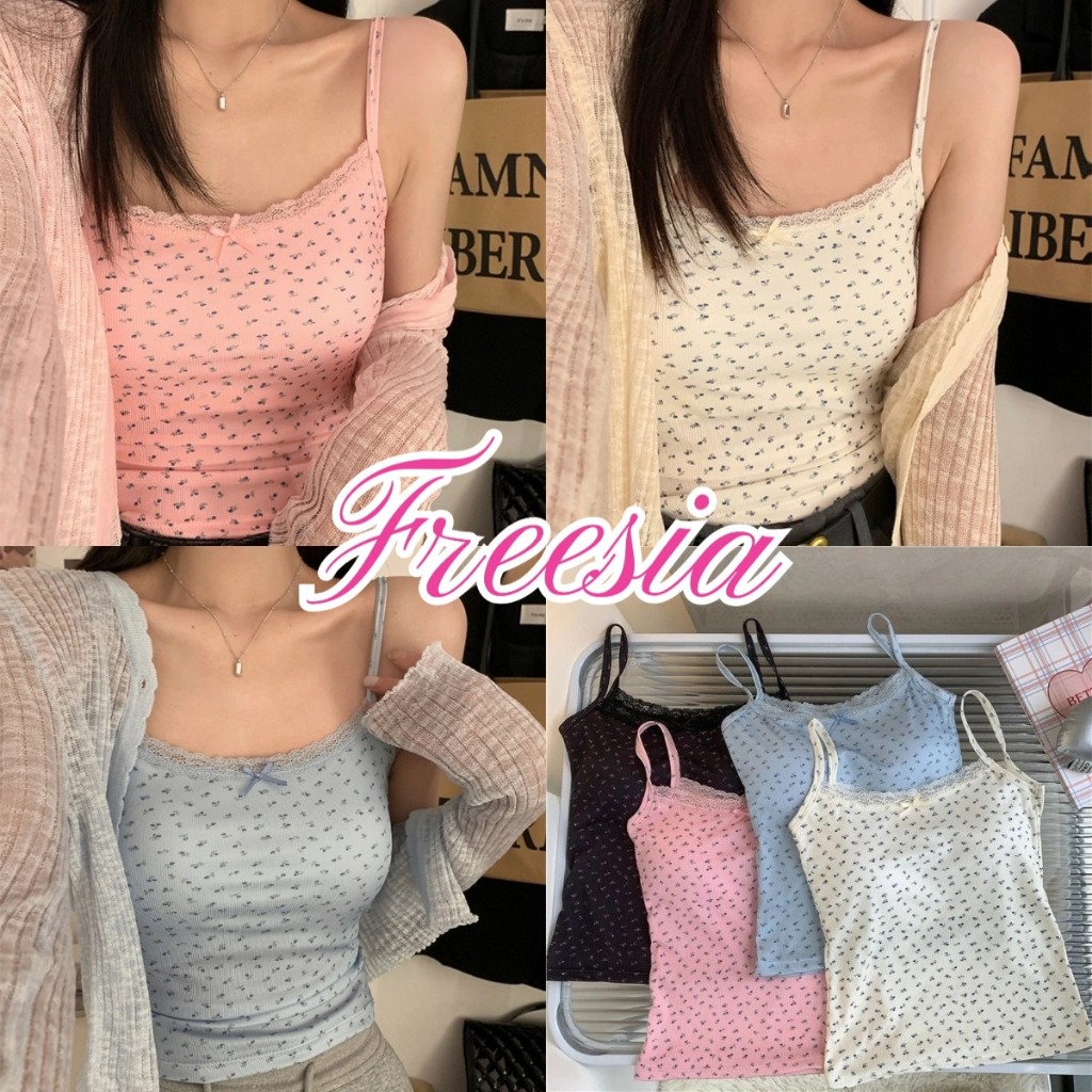 สานเดี่ยว สายเดี่ยวY2K ลายดอกไม้ หวานน่ารัก เเต่งลูกไม้ที่อก#92255