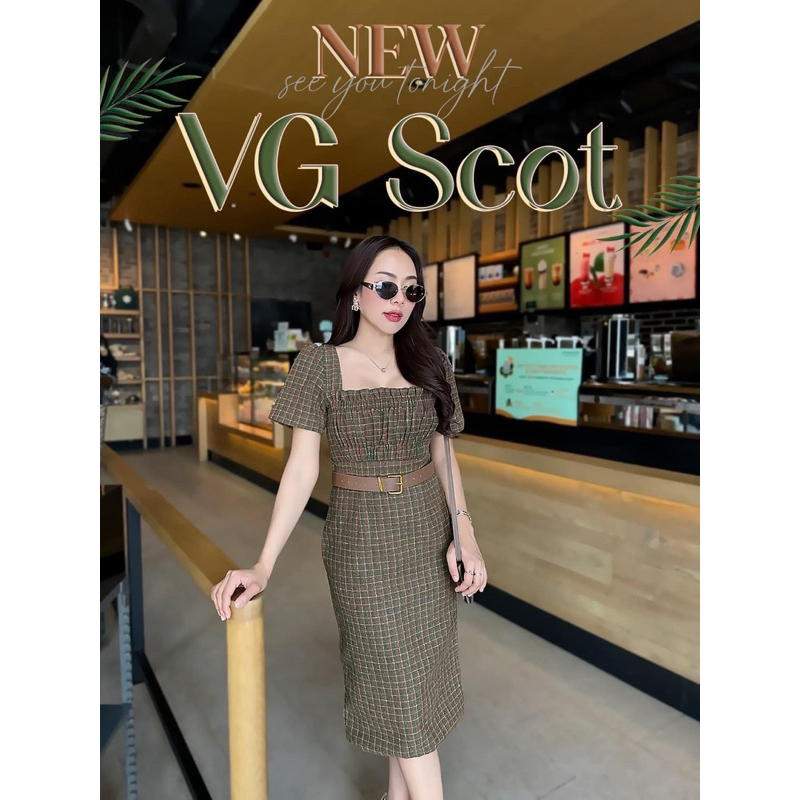 VG 10 เดรสลายตารางนำตาลคอเหลียม+เข็มขัด m