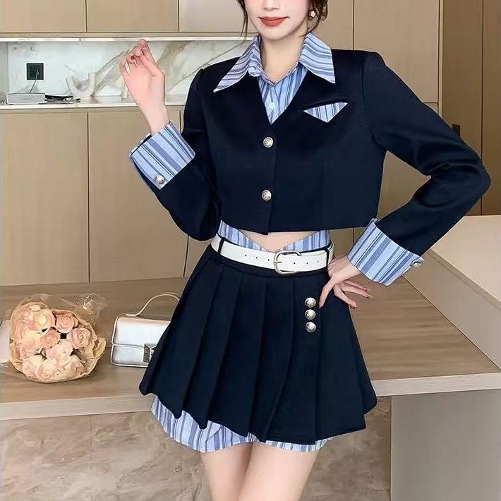 ✨In Stock✨ เกาหลีวิทยาลัยลมชนสีปลอมสองชิ้นด้านบน + เอวสูงจีบกระโปรงสองชิ้น - รูปที่ 3