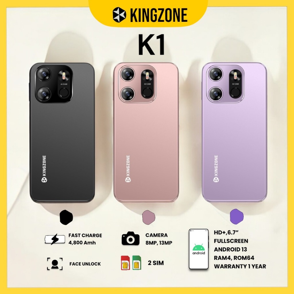 KINGZONE RAM 4 ROM 64 GB  กล้องหน้า 8 mp กล้องหลัง 13 mp พร้อมระบบ AI จับใบหน้า  มี 3 สี ดำ ชมพู ม่ว