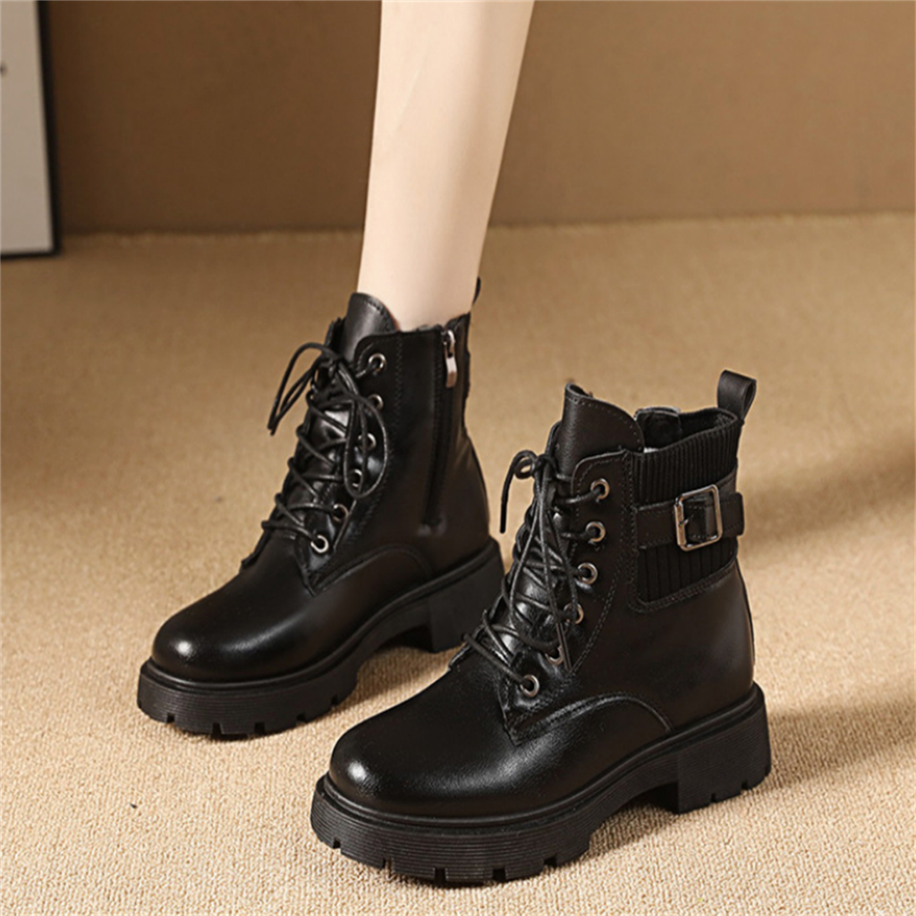 ผูกขึ้น รองเท้ามาร์ตินสไตล์อังกฤษแฟชั่นสีทึบหนา แต่เพียงผู้เดียวรอบหัวซิปด้านข้างรองเท้าสั้น - รูปที่ 4