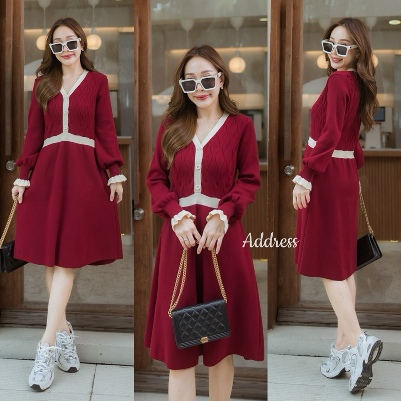🌈🌿🌸🌺🌼❤️🤎🇰🇷knit Rim Long Sleeve Dress