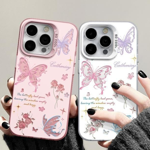 เคสโทรศัพท์โลหะลายผีเสื้อสวยงาม ไอโฟน11 For iPhone11 12 13 14 15Pro MAX X XS 6 7 8Plus SE2020เคสโทรศัพท์
