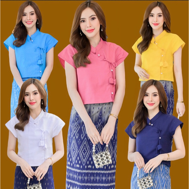 เสื้อพื้นเมืองผู้หญิงคอจีนป้ายผูกบัวดอกทิวลิป