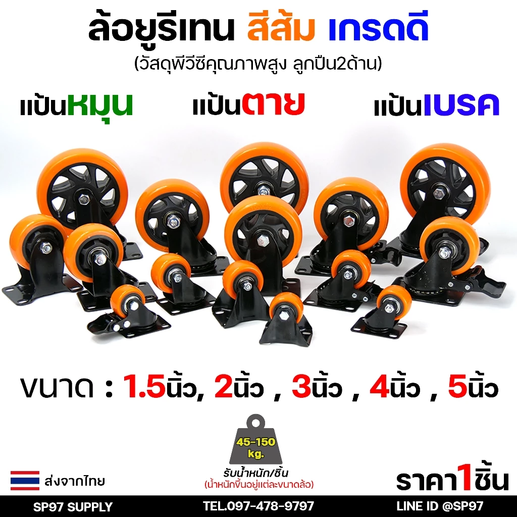ล้อ รถเข็น ขนาด 1.5นิ้ว - 4 นิ้ว ล้อยูรีเทน ล้อยูริเทน ล้อโพลีสีส้ม ขาดำ แบบขาปั๊ม สำหรับ ล้ออะไหล่รถเข็น (ราคา1ลูก)