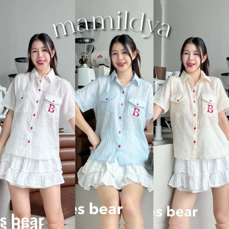 🌟Mamildya.shop🌟 เสื้อเชิ้ตแขนสั้นทรงโอเวอร์ไซส์ งานผ้าเมอร์ซี่อัดริ้ว/I2-3/COOK-ริ้วB