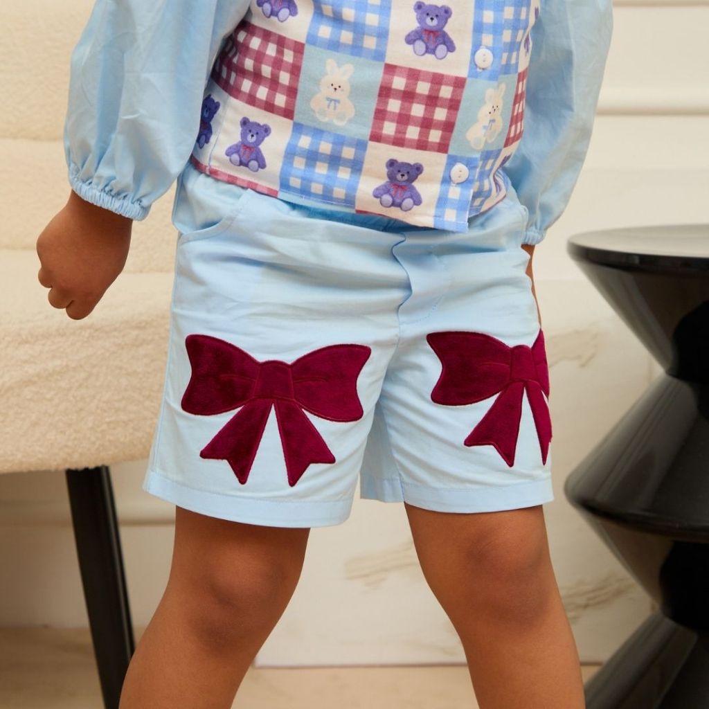 e'clat กางเกงขาสั้น เด็กผู้หญิง ขอบเอวยางยืด มีกระเป๋า แต่งผ้าปักลายโบว์ ผ้าcotton100% ผ้าไม่ยืด เนื้อนิ่ม8053