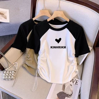 เสื้อครอปสาวอวบน่ารักๆ Oversize เสื้อผ้าแฟชั่นสไตล์เกาหลี เสื้อยืดสวยๆผู้หญิงฤดูร้อนใหม่ ด้านข้างติดเชือก ปรับความยาว
