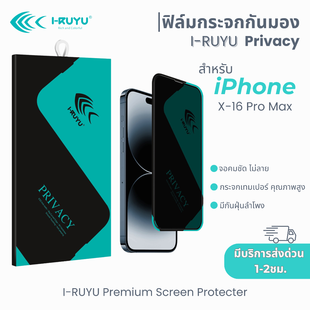 I-RUYU ฟิล์มกระจกกันมองพรีเมียมเต็มจอมีกันฝุ่นลำโพง สำหรับiPhone X-16Pro Max คุณภาพสูง จอชัด ภาพไม่ลาย