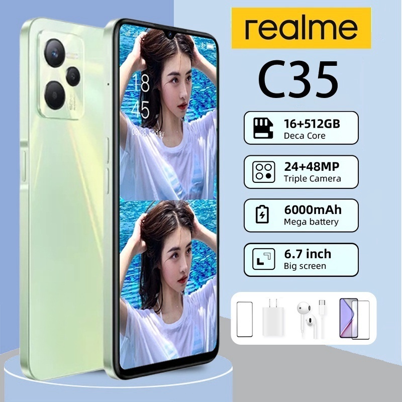 RealIme C35 สมาร์ทโฟน 6.7 นิ้ว 16+512GB รองรับ 2 ซิมการ์ด โทรศัพท์มือถือ Android11 รับประกันร้าน