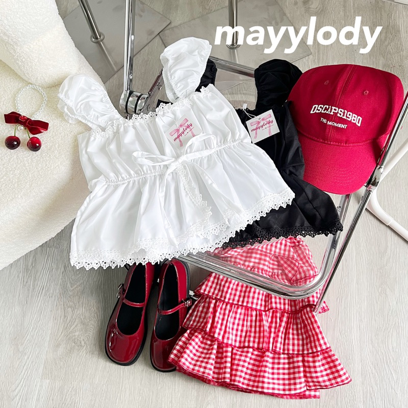 mayylody White Top เสื้อครอป / ครอปท็อป ผ้าฉลุลูกไม้ สีขาว ผ่าหน้าโบว์ผูกอก เเต่งขอบระบายชายลูกไม้ น่ารักสุดๆๆ
