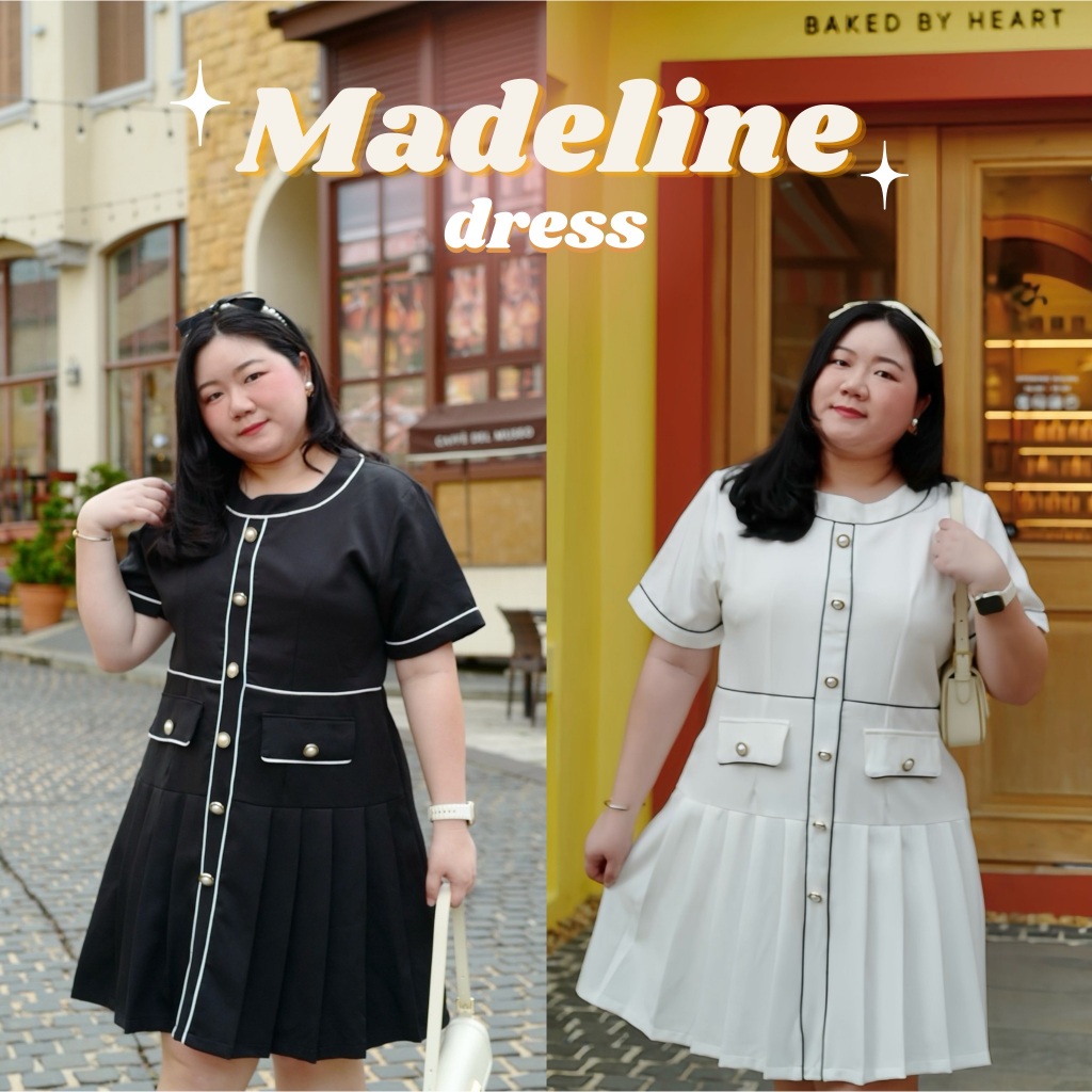 Madeline เดรสกระโปรงจีบ คอกลมแต่งกระดุม #เสื้อผ้าสาวอวบ Plussize