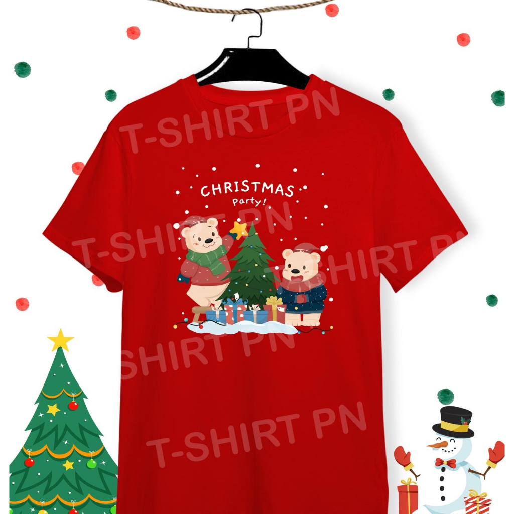 เสื้อคริสต์มาส เสื้อปีใหม่ Merry Christmas & Happy New Year "น้องหมีสองตัว" ผ้าคอตตอน งานDFT ลายสกรีนเรียบเนียน