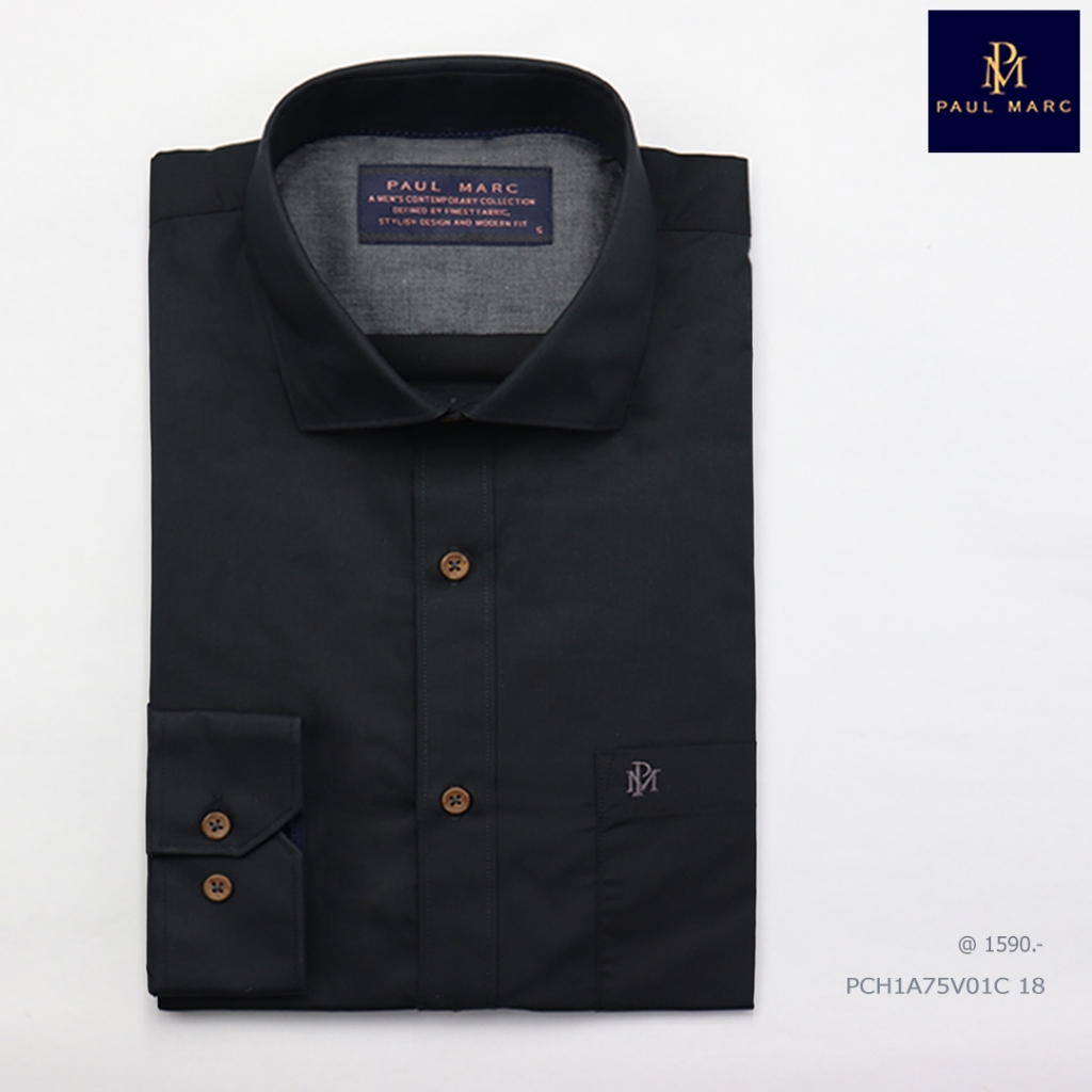 PAUL MARC เสื้อเชิ้ตสีดำแขนยาว slim fit กระดุมลายไม้ ผ้าใส่สบาย รีดง่าย ยับยาก PCH1A75V01C