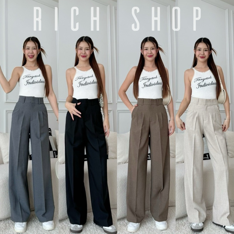 รุ่น B02 🎈กระบอกขาตรง (ผ้าโซดา) เอวสูง จีบหน้า แต่งหูเข็มขัด 🌼