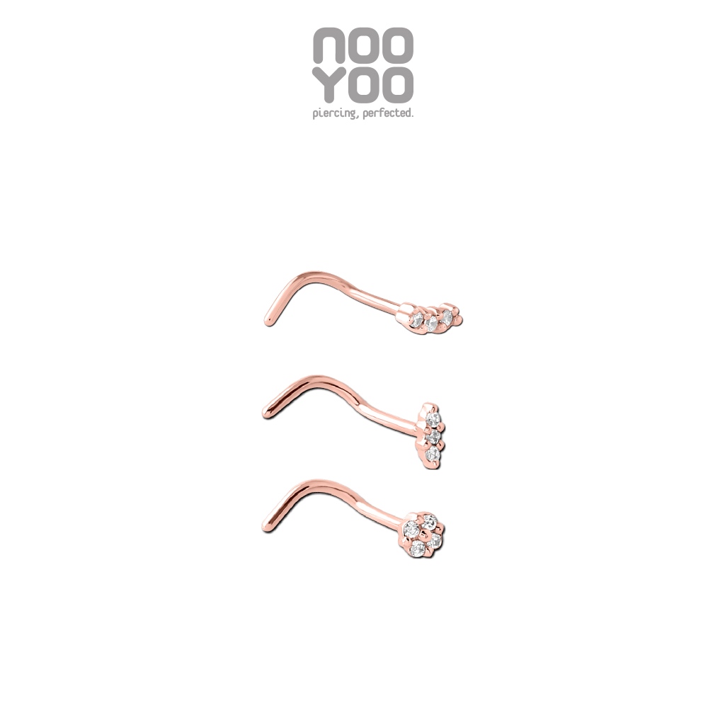 NooYoo จิวจมูกสำหรับผิวแพ้ง่าย Tiny Crystal Nose 90 degree Rosegold PVD SS Set