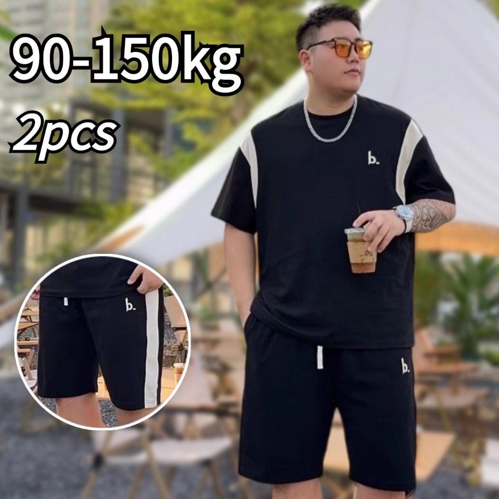 👕90-150KG👕ชุดเซ็ทผู้ชาย เสื้อเชิ้ตแขนสั้น+กางเกงขาสั้น พลัสไซส์ หลวมและระบายอากาศได้ ผ้านุ่มไม่เปลี่ยนรูปทรง คนอ้วนก็ใส่