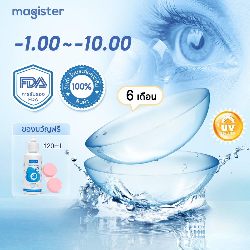 ส่งไวจากไทย (-1.00~-10.00) คอนแทคเลนส์ 6 เดือน เลนส์ใสสีขาว นิ่ม ใส่สบาย เลนส์กรองแสง + ชุดน้ำยาดูแลคอนแทคเลนส์ 120 มล.