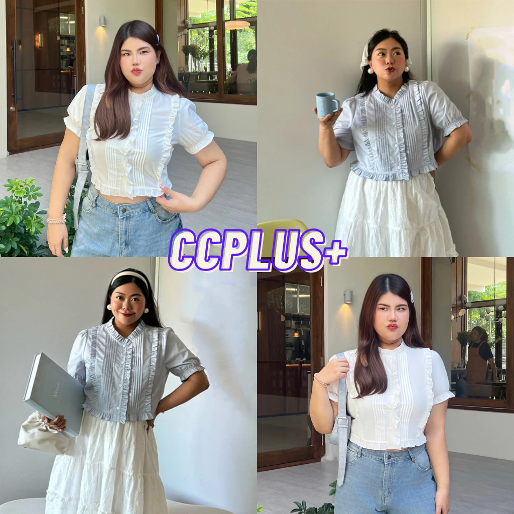 CiCi Plus+(3345) เสื้อแขนสั้นแต่งระบายขอบสไตล์เกาหลี เหมาะสำหรับสาวพลัสไซส์