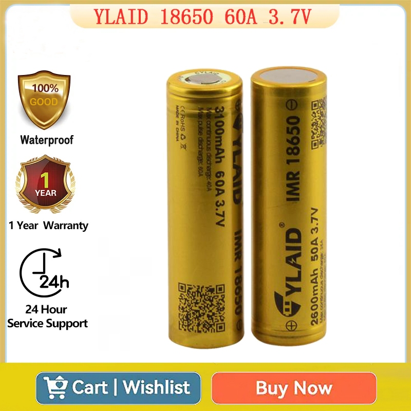 ถ่านชาร์จ แบตเตอรี่ YLAID 18650 60A 3.7V 3100mAh หัวแบน ถ่านชาร์จ อเนกประสงค์ ถ่านไฟฉาย แบตเตอรี่ลิเธียม Li-ion Battery