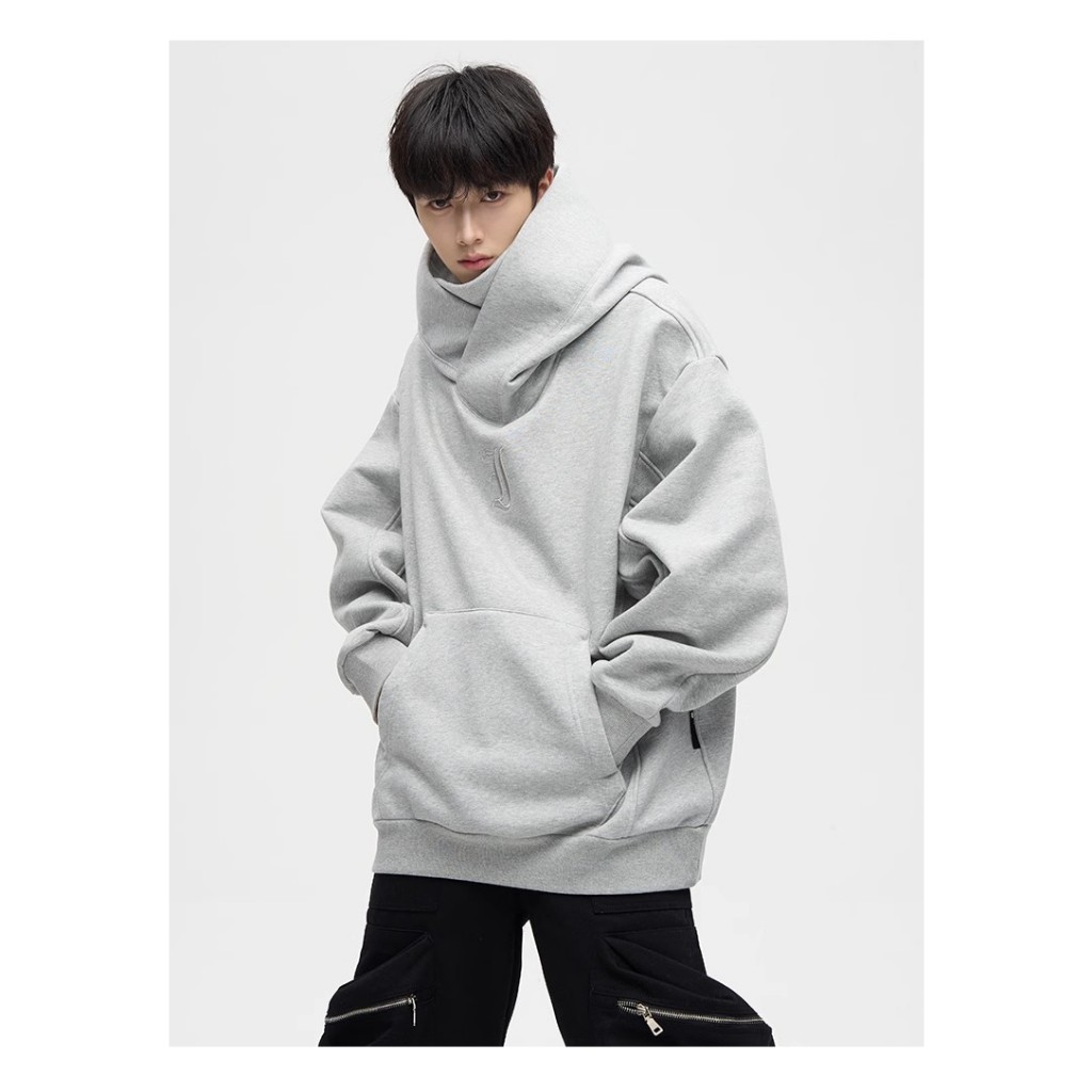 เสื้อกันหนาวแขนยาว คอสูง มีฮู้ด แบบสวมหัว ขนาดใหญ่ สไตล์เกาหลี ฮิปฮอป สําหรับผู้ชาย