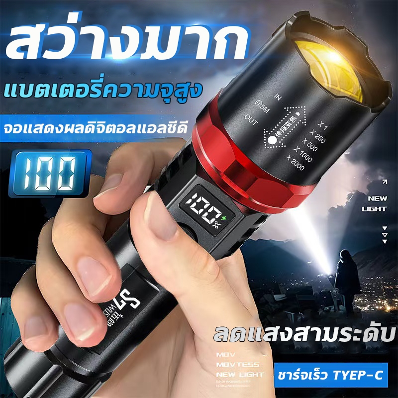 🌟กันน้ำเกรดฝนตกหนัก🌟ไฟฉาย LED ไฟฉายแรงสูง ประเภท-C ชาร์จเร็ว ไม่กลัวลมและฝน บ้านกลางแจ้งตั้งแคมป์เดินป่าขี่ตกปลากลางคืน