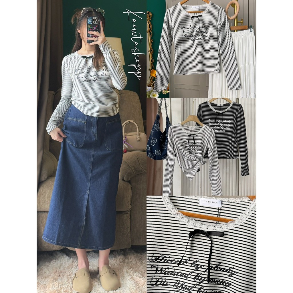เสื้อแขนยาว ลายทาง คอกลม ขอบลูกไม้ แต่งโบว์หน้า สกรีนข้อความ งานสวย ทรงเป๊ะ Matinee Maikaew kaewtashop