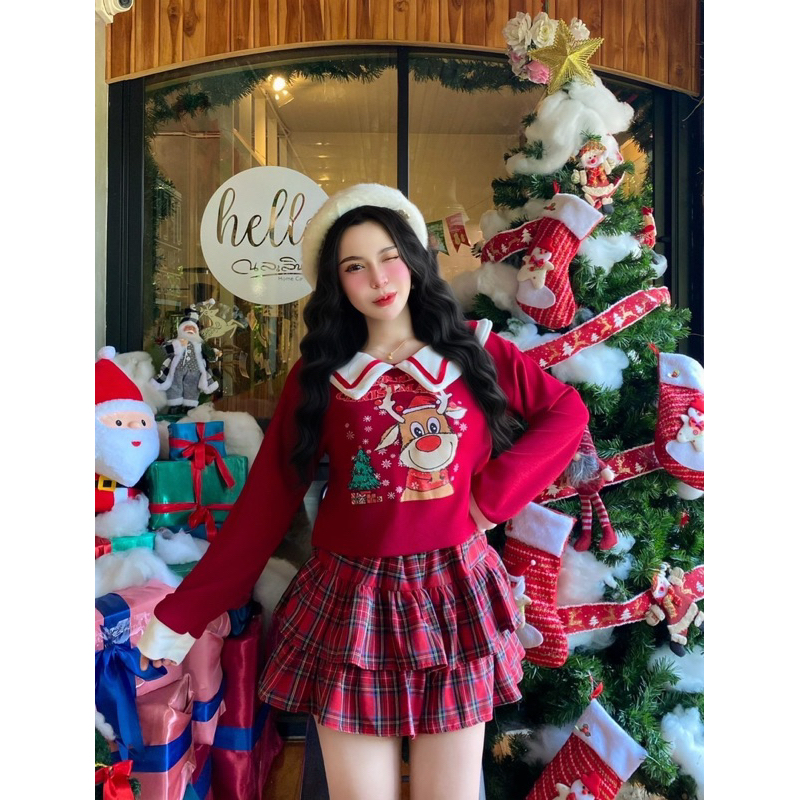 ชุดเชต2ชิ้นเสื้อแขนยาวลาย Christmas+กระโปรงขนมชั้นมีชับใน
