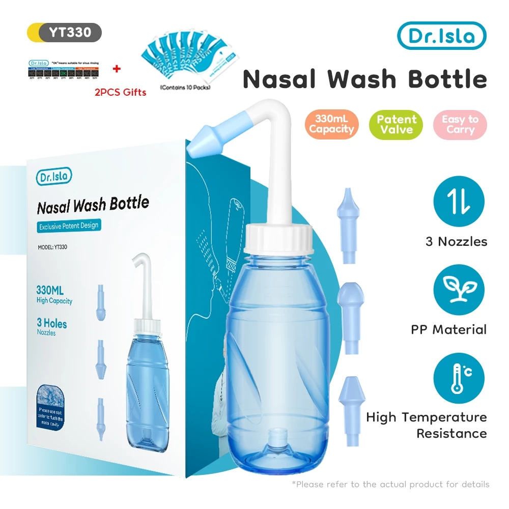 Dr.isla YT330 ขวดล้างจมูก ทำความสะอาดจมูก 300ml Neti หม้อล้างจมูกผู้ใหญ่เด็กล้างจมูกระบบไซนัส ผงเกลือสำหรับล้างจมูก ที่ล