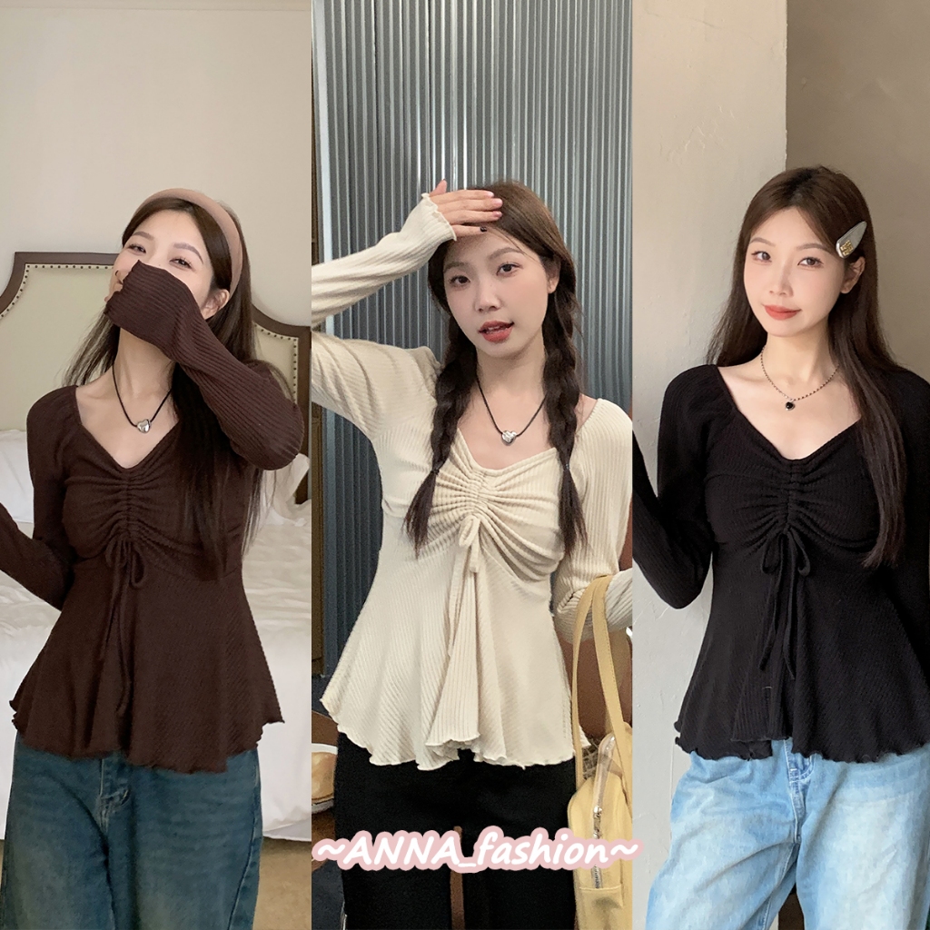 👚Anna👚เสื้อผ้าสาวอวบอ้วน เสื้อยืดคอวีแขนยาวผูกเชือกสไตล์เกาหลี เพรียวบาง ใช้งานได้หลากหลาย สวมใส่สบาย เนื้อผ้านุ่ม #P135