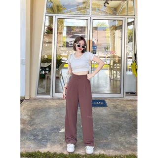 🧡กางเกงขายาวเอวสูง ผ้าวูลเวฟ รุ่นขอบเอวเรียบ🧡ผ้ายืด ใส่แล้วผอม🌈(ฟรีไซร์)🌈(ไม่มีกระเป๋า)