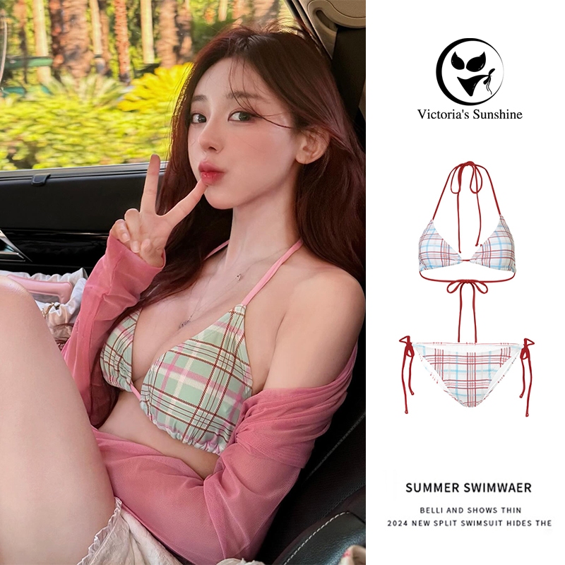 ส่งไวจากไทย ชุดว่ายน้ำ bikini ชุดบิกินี่ เซ็ต2ชิ้น ลายสก๊อต โชว์หลัง มีฟองน้ำ#0410