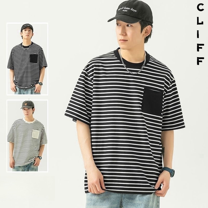 CLIFF แขนสั้นลายขวางของผู้ชาย เสื้อยืดฤดูร้อน คอกลมแฟชั่น เสื้อยืดของญี่ปุ่น ขาวดำแบบหลวม สบาย ๆ แขนสั้น