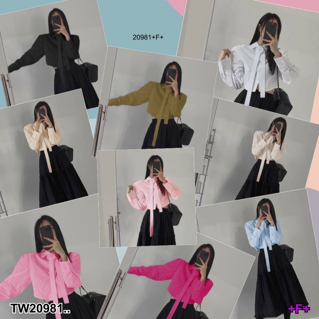 TwinsShopVip💗พร้อมส่ง TW20981 เสื้อครอปแขนยาว แต่งดอกคามิเลีย ..