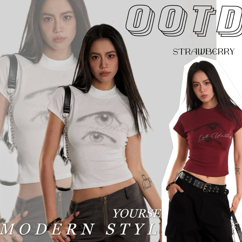 STR พร้อมส่ง🍓 เสื้อรัดรูปผู้หญิง เสื้อยืดแขนสั้นสีขาว คอกลม เอวลอย Y2K เสื้อครอป พิมพ์ลายตา สไตล์เกาหลี สาวอ้วนใส่ได้