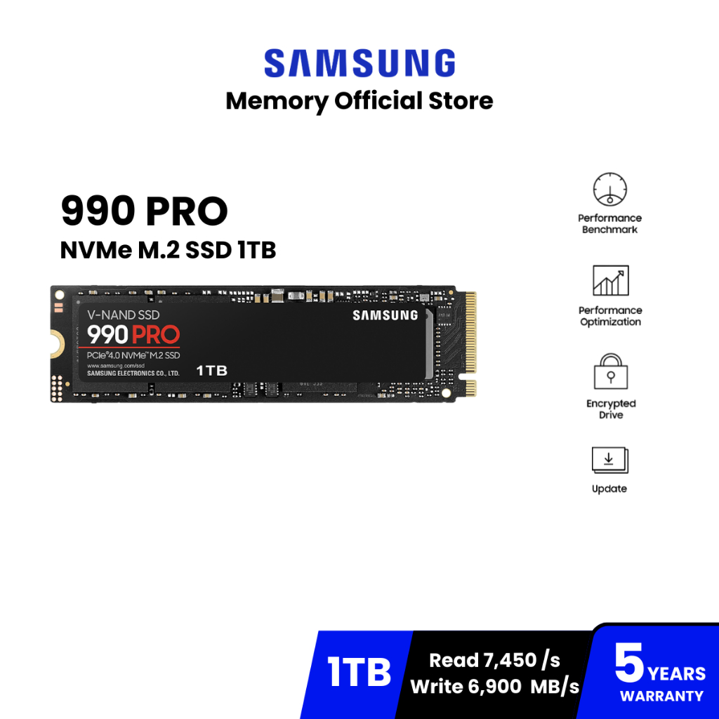 SAMSUNG 990 PRO SSD M.2 7,450 / 6,900 MB/s ความจุ 1TB : 5Y (990 PRO / MZ-V9P1T0BW)
