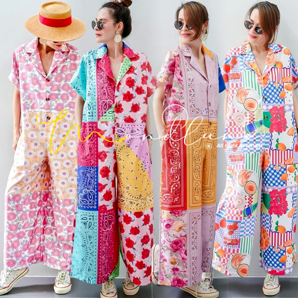 #3817 MondLune ชุดจั้มสูทผ้าซาตินลื่นพิมพ์ลาย ทรงปกเชิ้ต มีกระดุมหน้าใส่ง่าย มีกระเป๋าจริงด้านข้าง