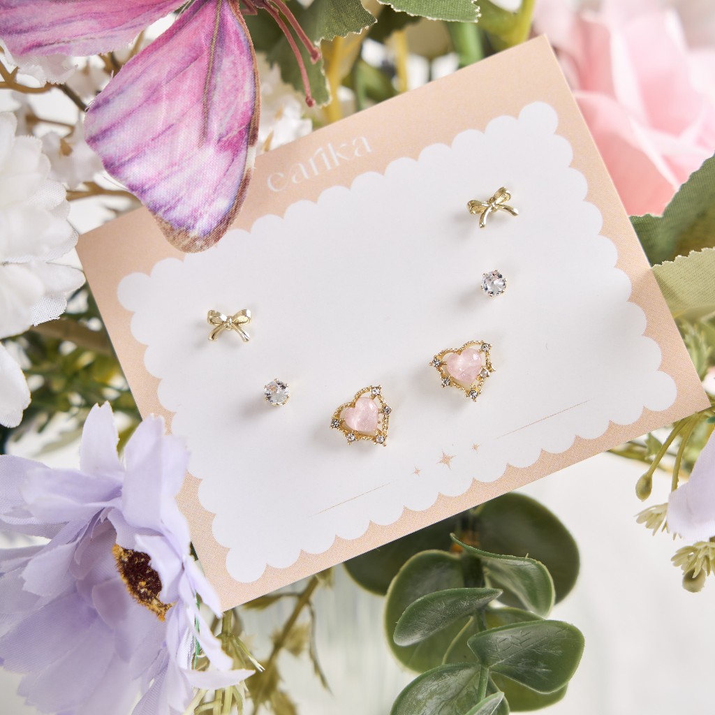 earika.earrings - baby pink honeypie set เซ็ตต่างหูแป้นทับธีมหัวใจ ก้านเงินแท้ชุบทองคำขาว เหมาะสำหรับคนแพ้ง่าย