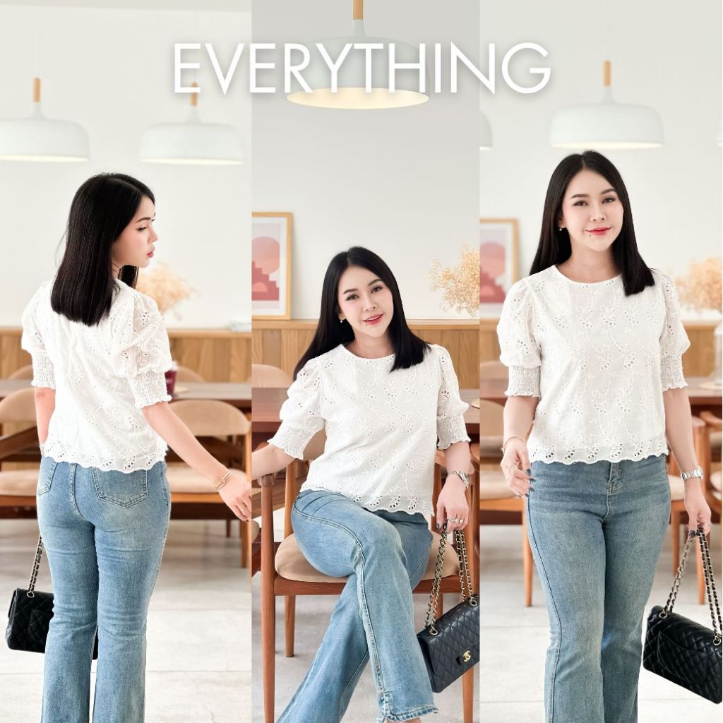 Everything2019 เสื้อคอกลม ลูกไม้แขนตุ๊กตา ใส่งานบุญ งานบวช มีไซซ์ XS-3XL หน้าผ้า 36-48 (829)