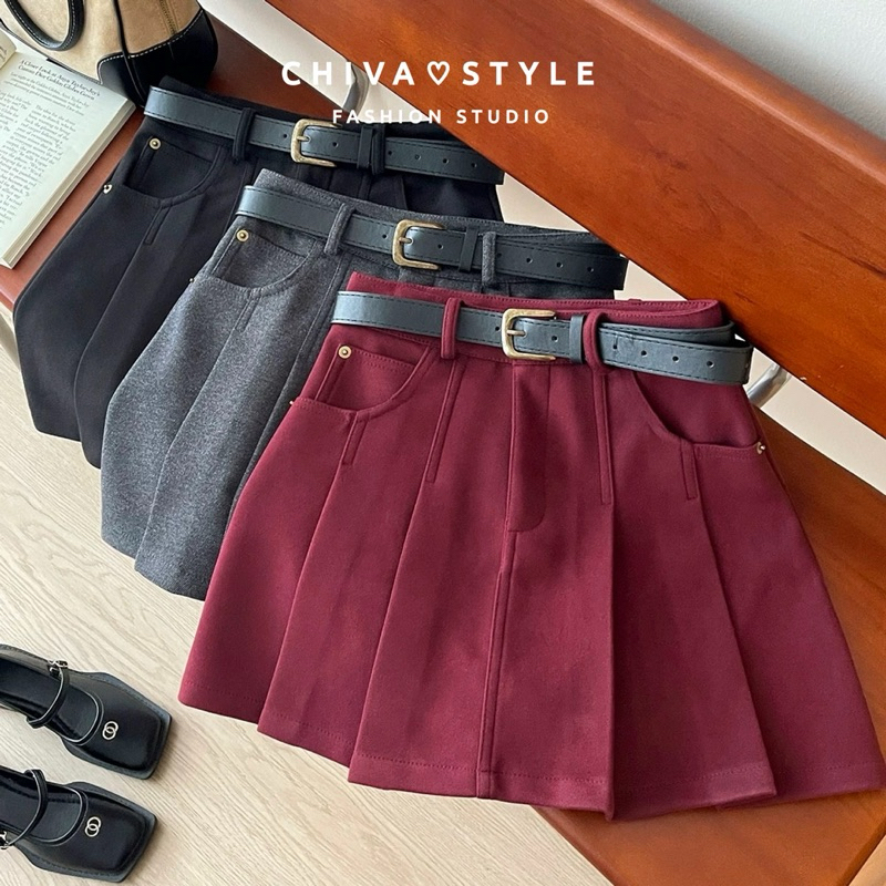 𝐂𝐡𝐢𝐯𝐚- พร้อมส่ง(𝗦-𝗫𝗟) กระโปรงจีบหน้าผ้าวูล กระโปรงกันหนาว(ซับในกางเกง)