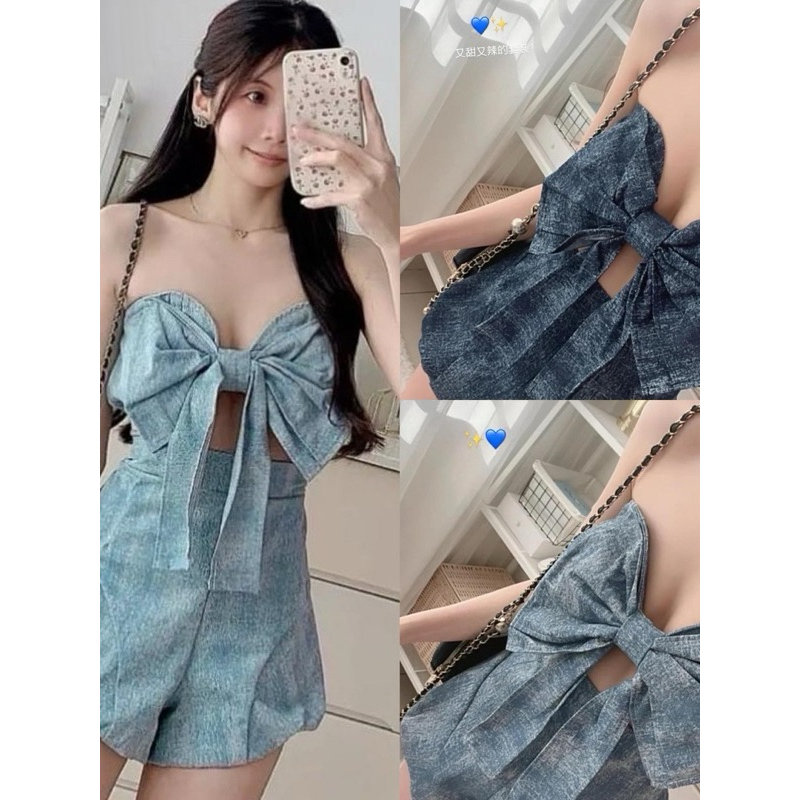 พร้อมส่ง งานนำเข้า ชุดเซ็ต 2 ชิ้น ผ้ายีนส์ เกาะอกโบว์ กางเกงบอลลูน ฟรีไซต์