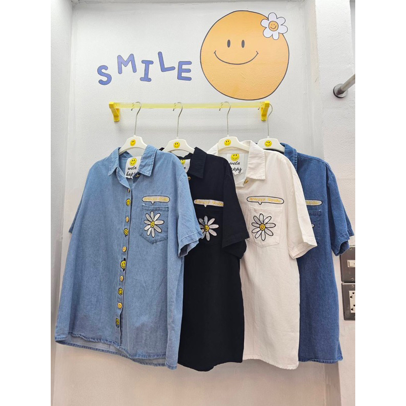 เสื้อเซิ้ตยีนส์แท้แขนสั้น ลายดอกไม้ยิ้ม