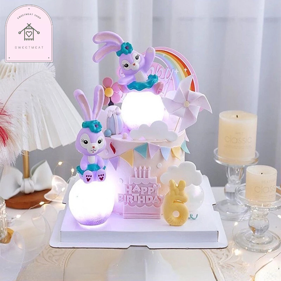 กระต่ายสีม่วง ลูกบอลไฟ LEDกระต่าย ป้ายHBD สําหรับวันเกิด ตกแต่งเค้ก