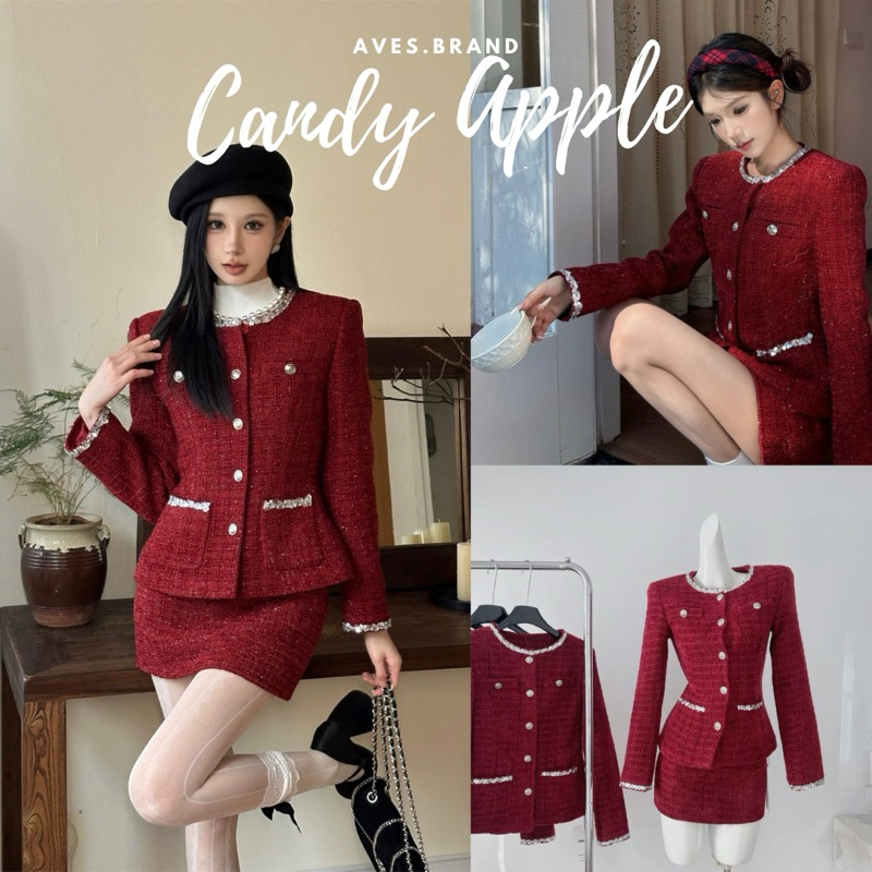 AVES.BRAND CANDY APPLE SET ชุดเซ็ตกระโปรงผ้าทวิตสีแดง ชุดเซ็ตคริสมาสต์