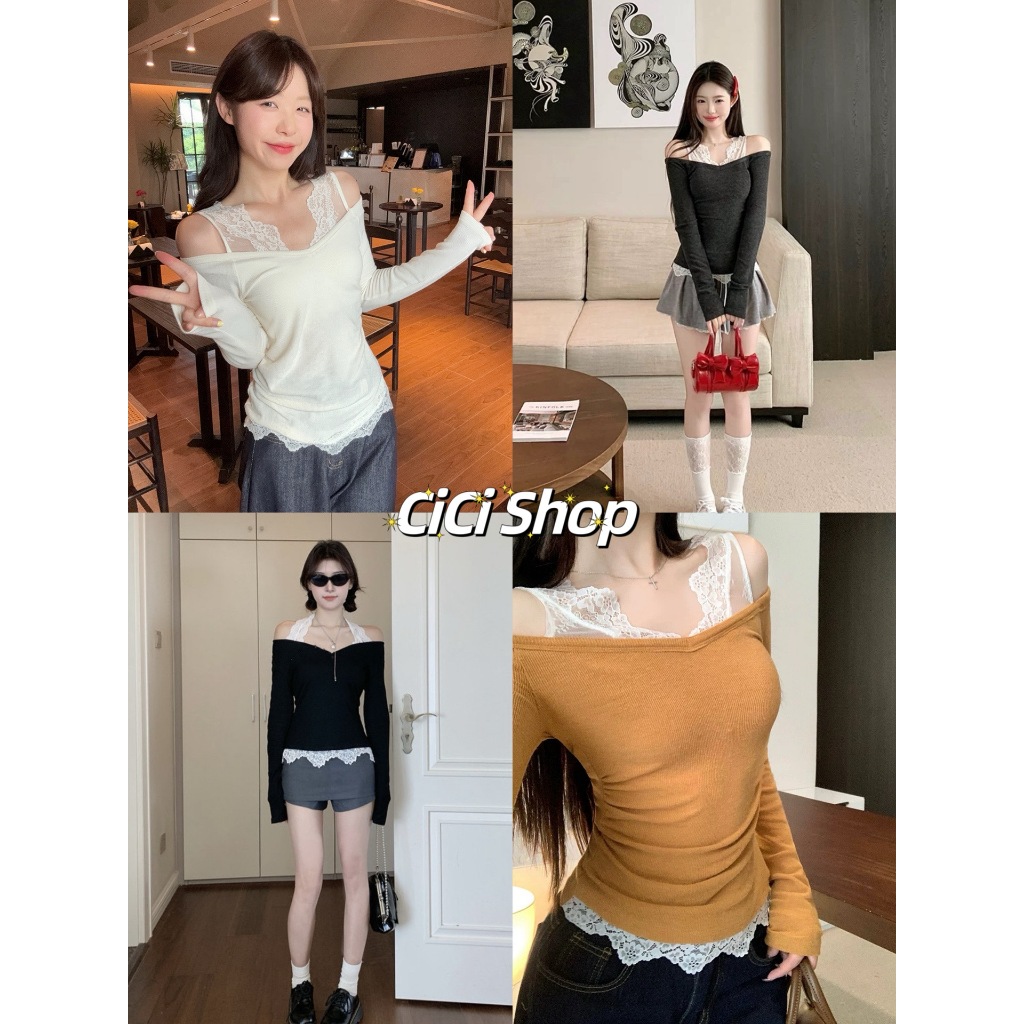 Cicishop(J1510) เสื้อแขนยาวไหมพรมปาดไหล่ 2 เลเยอร์ แต่งลูกไม้ สไตล์เกาหลี