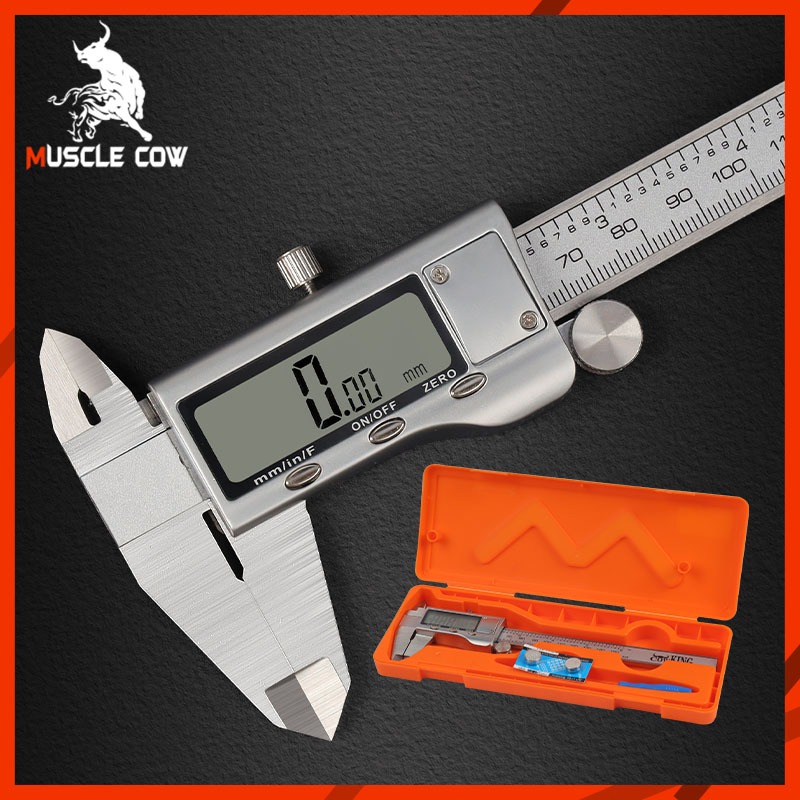 Muscle Cow ไม้บรรทัดเกรดอุตสาหกรรมอ่านโดยตรงคาลิปเปอร์ดิจิตอลสแตนเลสเวอร์เนียร่างกายโลหะจริงด้วยถ่านวีเนียร์เวอร์เนียคาล