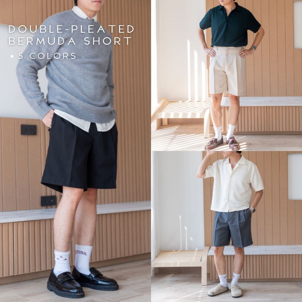 CU PANTS [2สี] กางเกงขาสั้น ทรง Bermuda Shorts (Double Pleated) เอวสูง Classic Shorts