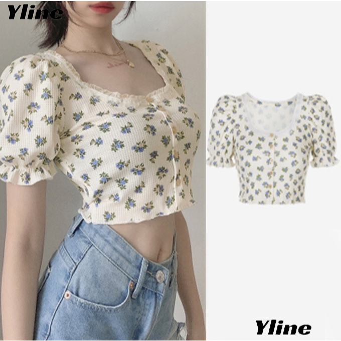 Yline เสื้อยืดแขนสั้นพัฟลายดอกไม้หวานๆ ของสาวเกาหลีในฤดูร้อน